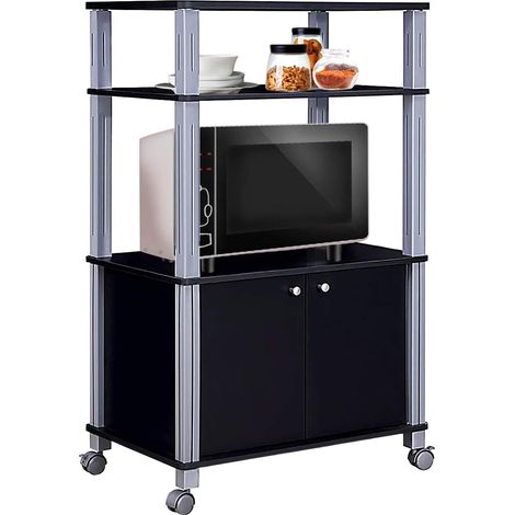 GOPLUS Etagere de Cuisine, Etagere de Micro-Ondes et Four en MDF Robuste, Meuble Rangement a roulettes avec Tiroir et 2 Etageres Ouvertes, pour Cuisine et Restaurant (Noir) (1/5)