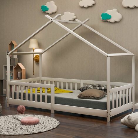 Lit Cabane 90x200cm - Lit Enfant 90x200 - Lit en Bois Massif avec Barrière de Sécurité – Structure FSC – Style Moderne – Blanc (1/5)