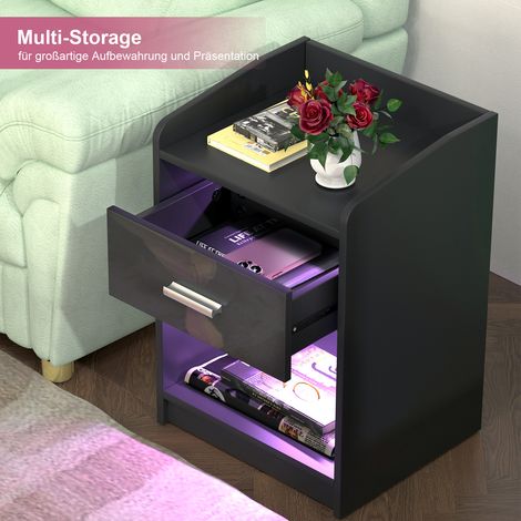 Table de Chevet LED Multifonction avec Tiroir & Étagère Ouverte - Panneau de Particules 40x35x58cm, 16 Couleurs RGB, Design Moderne pour Chambre/Salon Économiseur d'Espace (1/4)