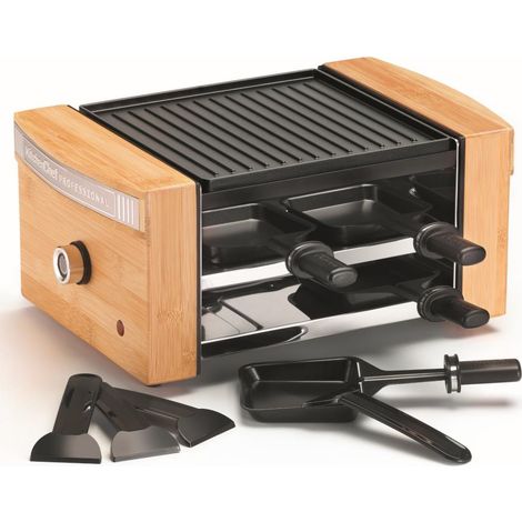Raclette 750W - Piastra in pressofusione di alluminio antiaderente - 4 pentole + 4 spatole - Termostato regolabile - Corpo in bambù - Nero/naturale - Kitche