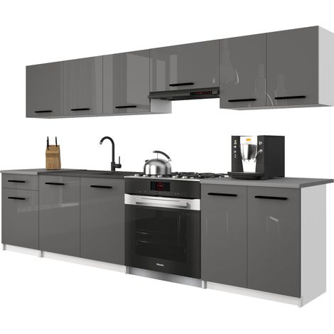 Belini ITALIA 2 Cuisine Equipée Modulaire Complète - 240 cm. Meubles Hauts Bas avec Plan de Travail, Gris Très Brillant (1/5)