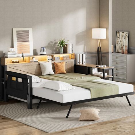 Canapé-lit en métal, 90x200cm, avec lit gigogne réglable, armoire de rangement, 3 tiroirs, compartiments de rangement, éclairage LED et port USB, noir., garantie 2 ans