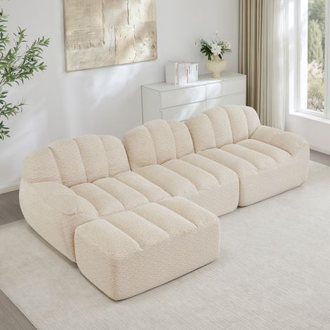Divano modulare 3 posti a L con ottomana, seduta profonda, tessuto polare beige bianco (1/5)