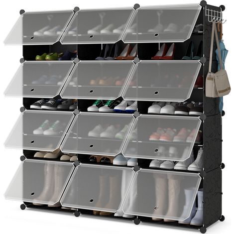 Armoire à chaussures noire 12 compartiments avec 5 crochets, structure en acier et portes anti-poussière pour entrée et dressing (1/5)