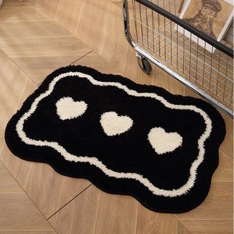 Tapis de salle de bain en forme de cœur, antidérapant, absorbant, lavable en machine, noir et blanc, 50 x 80 cm (1/3)
