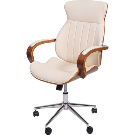 [JAMAIS UTILISÉ] Chaise de bureau HHG-333, pivotante, fauteuil, bois courbé, aspect noyer, similicuir, beige-crème