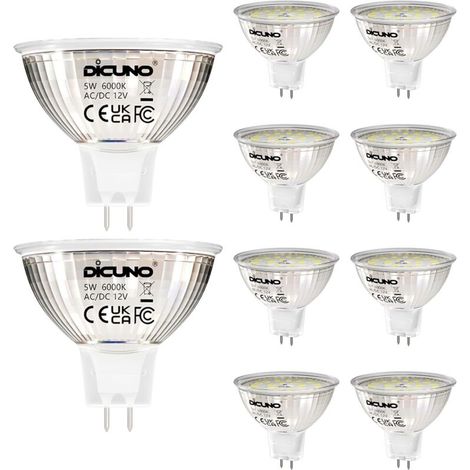 Ampoule LED GU5.3 Blanc Froid 6000K, MR16 LED 12V 5W Equivalent à 50W Halogène, Ampoules LED Spot Non Dimmable, Lot de 10