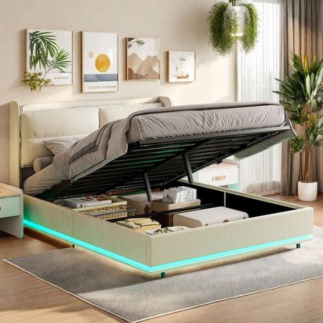 Bettkasten 160x200 cm, Bett 160x200 cm aus Samt, LED Bettgestell, Lattenrost inklusive, Hydraulisch, Gepolsterte Kopfteil, Beige