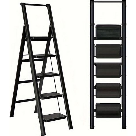 Escalera plegable de 5 peldaños de acero al carbono negra MODENUIT (1/2)
