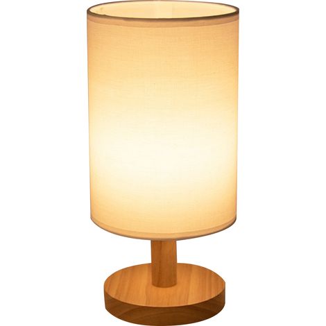 Lámpara de mesa USB con brillo regulable, moderna lámpara de mesilla de noche de madera con pantalla redonda de tela, ideal para el dormitorio, el salón o la oficina (6 LED incluidos). (1/5)