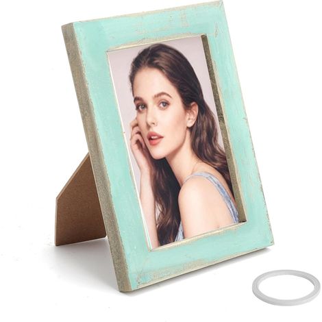 Rustikaler Holzbilderrahmen (9 x 14 cm), dekorativer Vintage-Bilderrahmen mit Ständer, künstlerischer Stil, Wand- und Tischdekoration für Fotos, Bilder und Collagen, Blau (1/5)