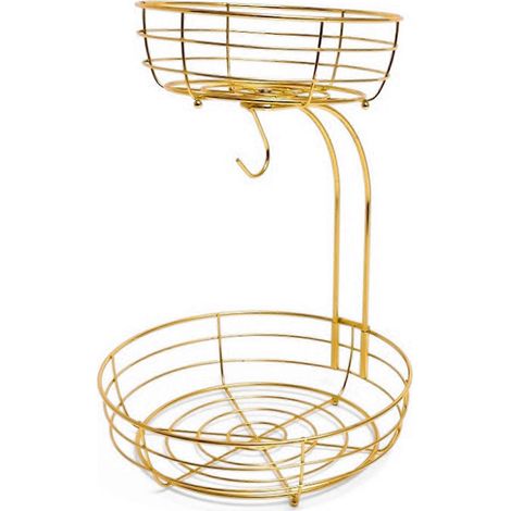 Corbeille à fruits double couche en métal pour comptoir de cuisine - Étagère de rangement robuste, organisateur décoratif pour collations pour salle à manger, salon (doré) (1/5)