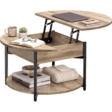 Table Basse Ronde avec Plateau Relevable et Compartiment Caché 80 x 80 x 45 cm Beige et Noir (1/5)