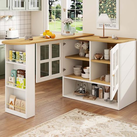 Îlot bar rotatif 360° avec rangements, meuble de cuisine extensible 138/204 cm, buffet blanc avec portes vitrées et étagères réglables (1/5)