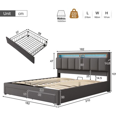 Lit coffre hydraulique avec éclairage LED intégré, tête de lit rabattable en mousse, rangements tiroirs et compartiments, sommier en acier, literie incluse, 180x200 cm, gris, double (1/5)