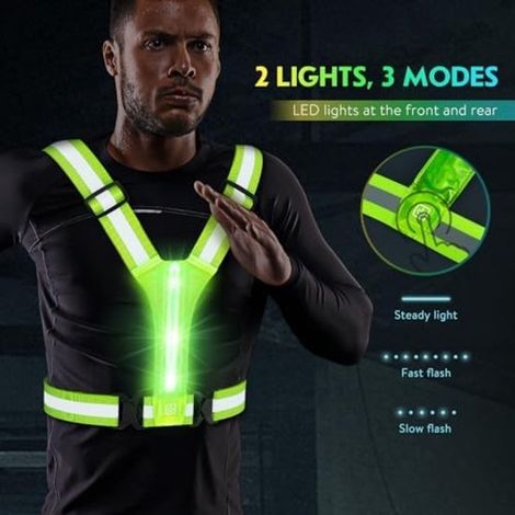 Chaleco reflectante de seguridad recargable por USB con luz LED - Verde - Chaleco para correr - Chaleco para actividades al aire libre