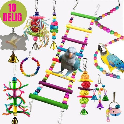 Juego de juguetes para pájaros de 10 piezas: incluye escalera, cascabeles, espejo, cuentas y pasarela para la jaula o aviario, loros, cacatúas (1/5)