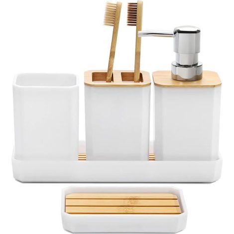 BelleRise - Ensemble d'accessoires de salle de bain 5 pièces - Modèle Scandinave - Bambou & PS - Blanc - Réutilisable