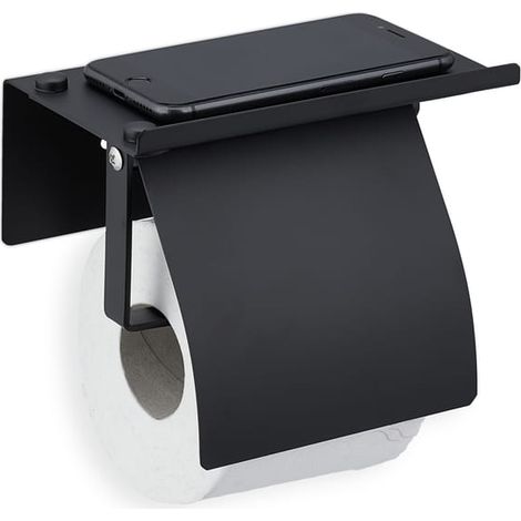 Porte-papier toilette avec mini tablette, support mural pour WC, avec perçage, acier inoxydable, noir (1/5)