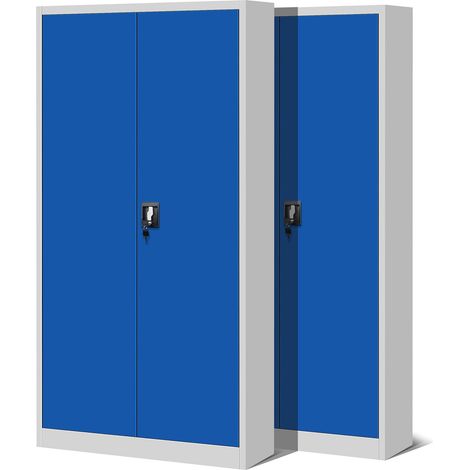 2er Set Aktenschrank C001H Büroschrank Metallschrank Stahlschrank Werkzeugschrank Stahlblech Pulverbeschichtet Flügeltürschrank Abschließbar 195 cm x 90 cm x 40 cm (grau/blau) (1/5)