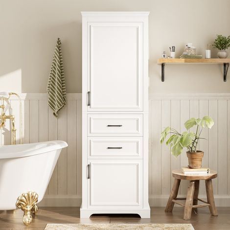 Armoire salle de bain haute blanche MDF 60x39.9x180.3cm tiroirs placards étagères réglables charnières amorties poignées noires (1/5)
