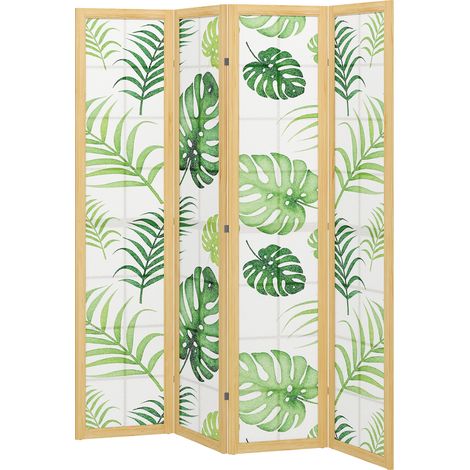 Paravent pliable 4 pièces motif tropical vert, cadre en bois autoportant