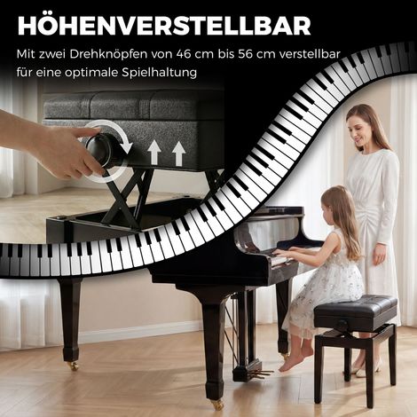 Tabouret de piano réglable en similicuir noir avec coffre de rangement intégré