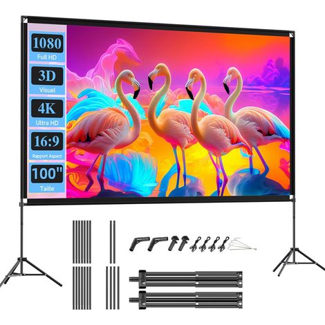 Ecran Videoprojecteur sur Pied, Écran de Projection Portable 100 Pouces, 16:9, 4K HD Ecran Projecteur Pliable avec Sac de Transport pour L'intérieur, Home Cinéma, Cinéma de Jardin (1/5)