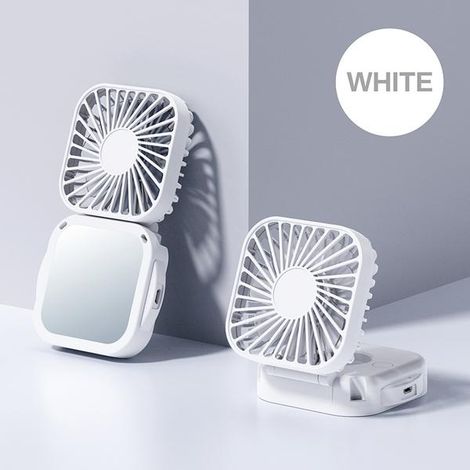 Nouveau mini ventilateur portable avec miroir de maquillage intégré – Alimentation USB, carré, pliable, format de poche. (1/5)