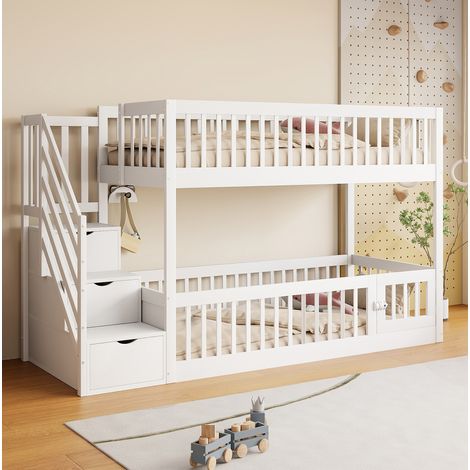 Lit superposé enfant 90x200 cm en bois blanc avec escalier de rangement, sans matelas - CHICFURN (1/5)