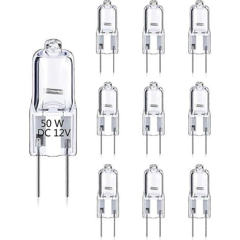 Lot de 10 ampoules halogènes G6.35 50 W, 12 V CC, dimmables, blanc chaud 2700 K, 2 broches, ampoule à capsule transparente, pour lustre ou bureau. (1/4)