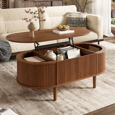 Table basse ovale relevable avec rangement, motif ondulé, MDF, pieds en pin, noyer (1/5)