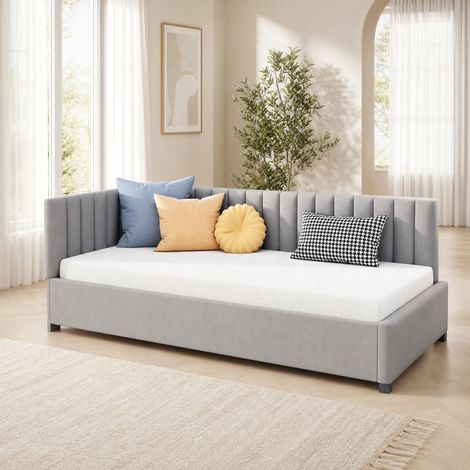 DESMIU Lit banquette 90 × 200 cm 1 place avec dossier réversible, sans matelas, en velours, gris (1/5)