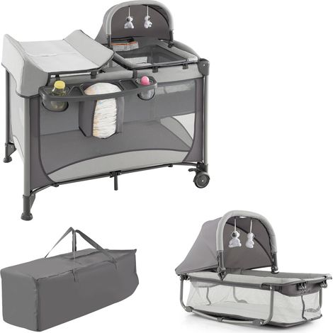 COSTWAY 5 in 1 Babybett Mobile, faltbares Reisebett & Laufstall Wickeltisch & Wiege, 2 Ebenen Kinderbett mit Spielzeug & Matratze & Aufbewahrungskorb & Tragetasche & Rollen, 15kg belastbar (Grau)