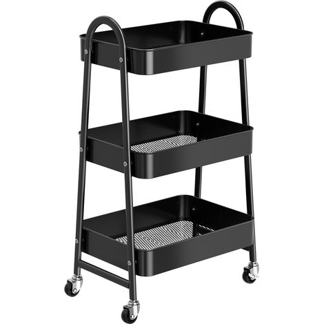 Chariot de Rangement Métal 3 Niveaux sur roulettes Noir Roulettes verrouillables, 3 étagères en métal, charge 20 kg, rangement mobile pour cuisine, salle de bain, bureau et salon (1/5)