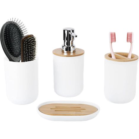 Ensemble d'accessoires de Salle de Bain 4 pièces, Comprenant Un Distributeur de Savon, Un Porte-Brosse à Dents, Un gobelet pour Brosse à Dents, Un Porte-Savon,Ensemble de Salle de Bain(Blanche) (1/5)
