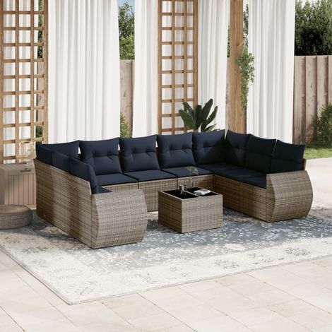 10-teiliges Gartensofa-Set mit Kissen, grau, Polyrattan