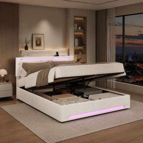 Lit double capitonné 140×190cm, lit coffre avec lumière LED et port USB, tête de lit réglable pour adultes,Sommier à lattes, lit pour ados, Lin, Beige (1/5)