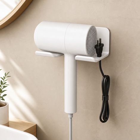 Support Seche-cheveux Mural 15.5 x 10 cm Fer Aluminium - Support Salle de Bain (1/4)