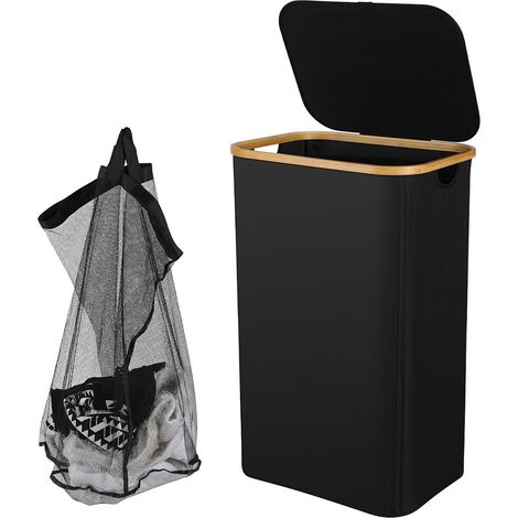 Wolketon Cesto portabiancheria con coperchio, 100 L Nero Cesto portabiancheria – 1 sacco portabiancheria rimovibile (per uso in bagno e in casa)