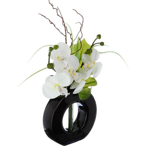 Vase Künstliche Orchideen Keramikvase H44cm - Schwarz weiß