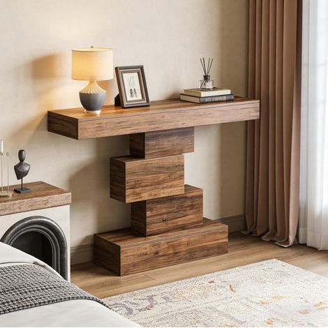 Table console 108x30x80 cm en bois brun foncé, style moderne pour entrée et salon FloraGrace (1/5)
