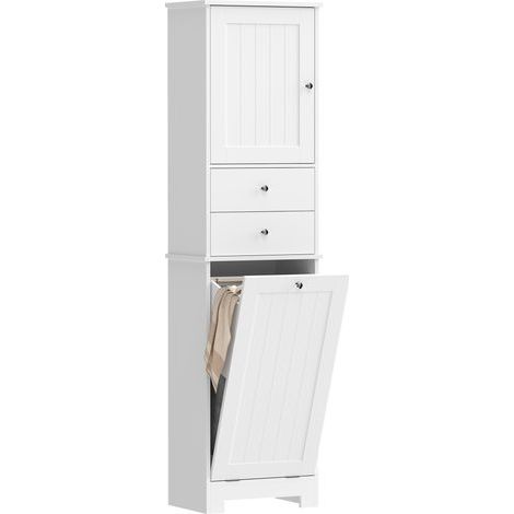 Badezimmerschrank mit faltbarem Wäschekorb, Schrankfach und 2 Schubladen, aus Holz, 45 x 30 x 171 cm, weiß