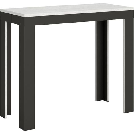 Console extensible bois pieds bois et acier anthracite Liva evolution Sur roulettes 3 rallonges-Blanc-Sur roulettes-3 rallonges (1/5)