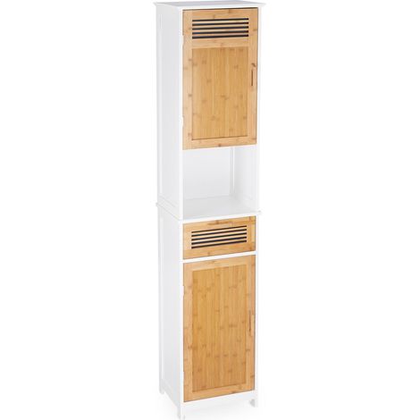 Armario alto decorativo para baño 39 x 30 x 180 cm diseño elegante de listones espacio de almacenamiento en bambú blanco 130003697 (1/4)