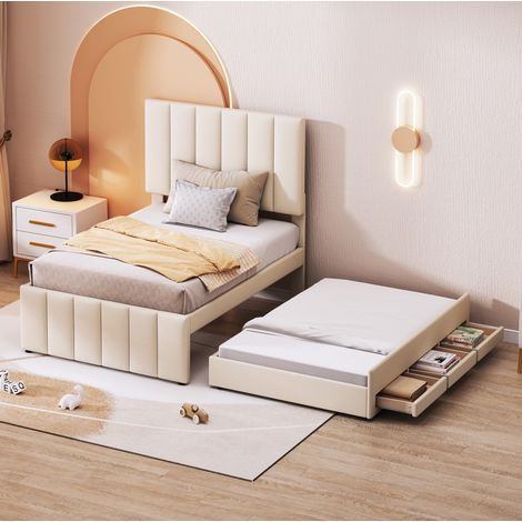 Bett 90x200 cm klassisch gepolstert in Beige mit verstellbarem Kopfteil, Ausziehbett 90x190 und 3 Schubladen (1/5)