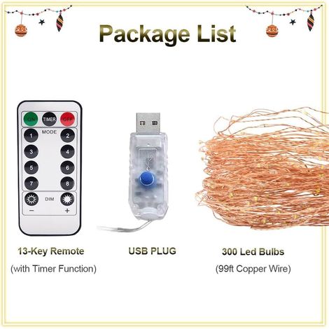 Guirlande Lumineuse Exterieur, USB 300 LED en Cuivre, Imperméable IP65, Alimenté par USB,Chaud Blanc Exterieur Lumières Intérieures pour Mariage Champêtre, Noël,Anniversaire Soirée(99ft/30m) (1/4)
