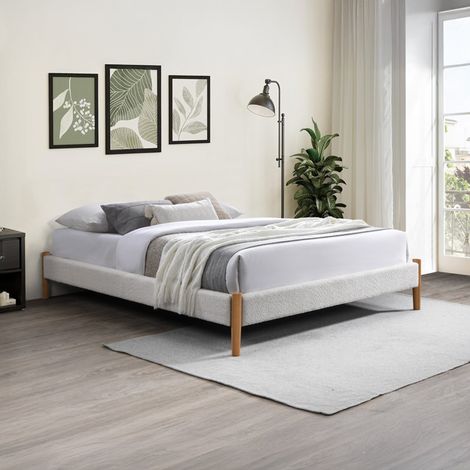RAYA Lit double tissu bouclette blanc pieds en bois 160x200 cm (1/5)