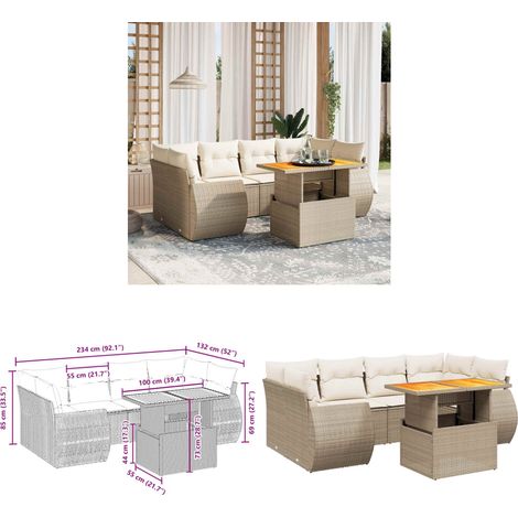 Salon de jardin avec coussins 7 pcs beige résine tressée - Ensemble Salon De Jardin - Meuble Extérieur - Résine Tressée - Rotin Synthétique - Table Extensible - Home & Living (1/3)