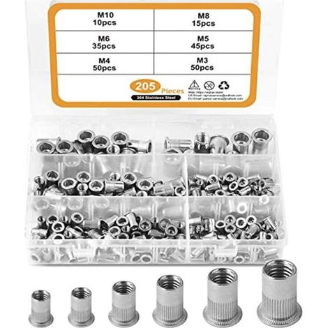 Lot de 205 écrous à rivets robustes en acier inoxydable 304